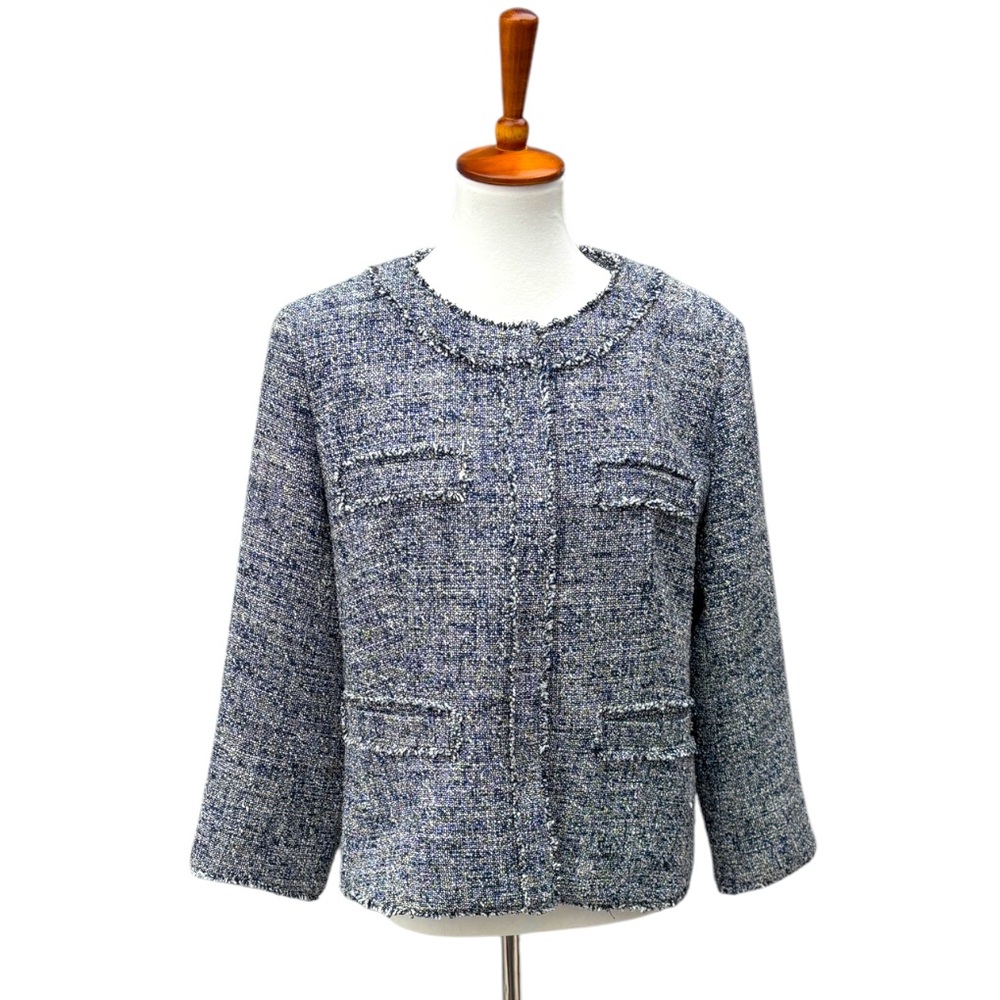 Michael Kors Women’s 14 Navy & White Tweed Collarless 3/4 Sleeve Blazer Jacket